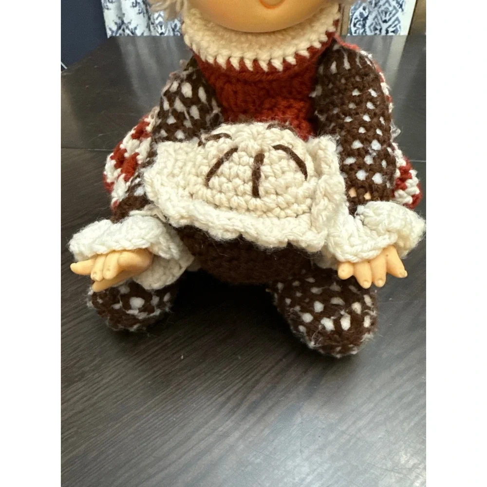 Vintage‎ Style Handmade Crochet Doll Vinyl Face Brown Rust Cream 16 Inch